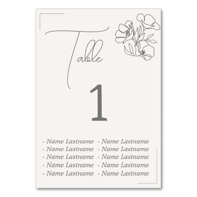 Elegant Table number with names, sitting. Tischnummer (Vorderseite)