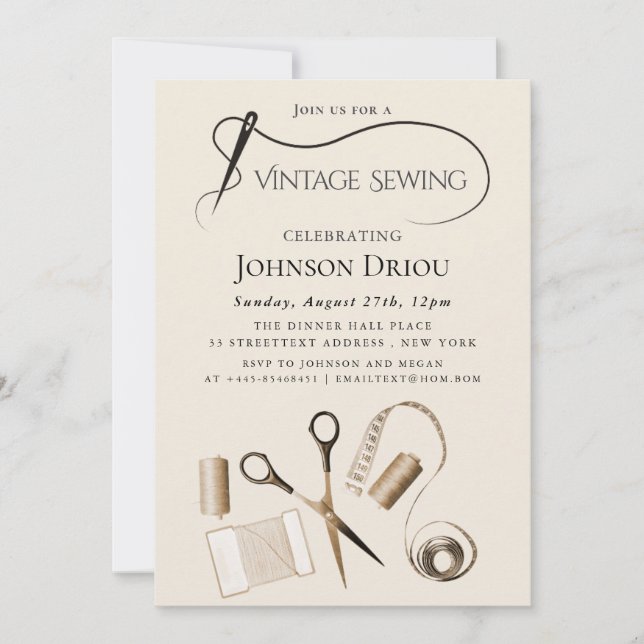Elegant Tailor & Sewing Party Einladung (Vorderseite)