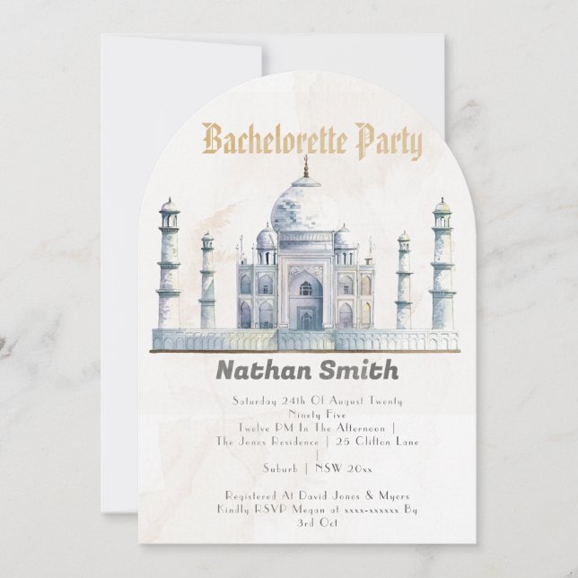 Elegant Taj Mahal Typology Watercolor Wedding Einladung (Vorderseite)