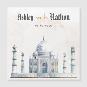 Elegant Taj Mahal Typology Watercolor Wedding Magnetkarte