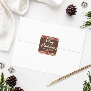 Elegant Tan Brown Tartan Kariert Frohe Weihnachten Quadratischer Aufkleber