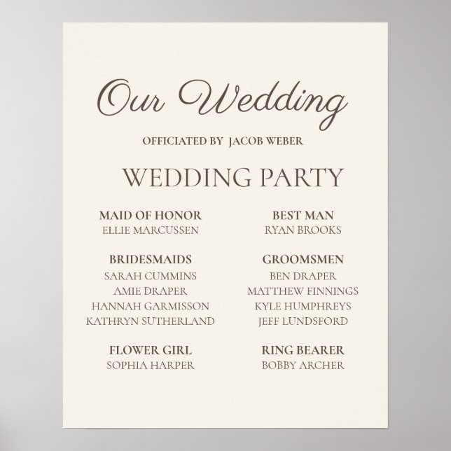 Elegant Tan Wedding Party Sign Poster (Vorne)