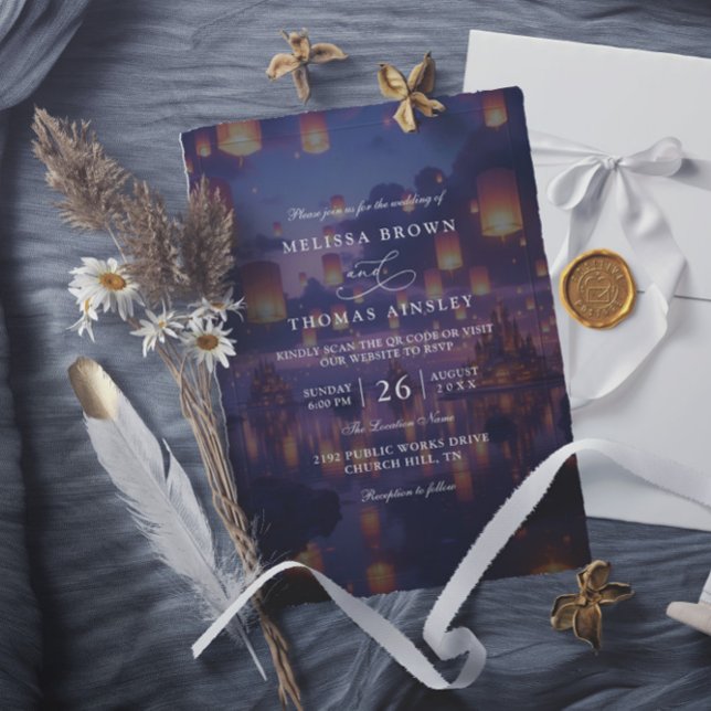 Elegant Tangled Lanterns Budget QR Code Wedding Einladung (Von Creator hochgeladen)