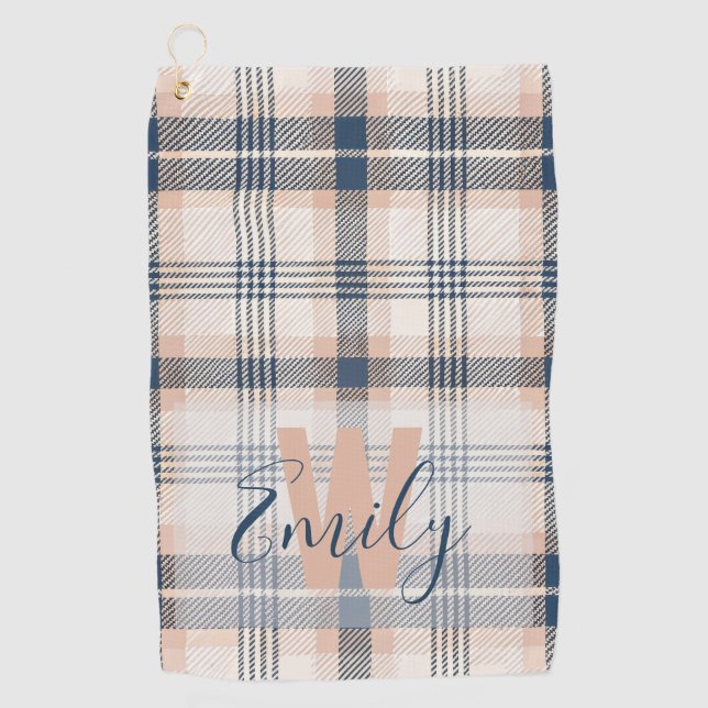 Elegant Tartan Blue Cream Monogram Golfhandtuch (Vorderseite)