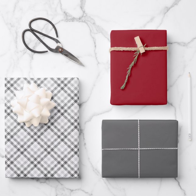 Elegant Tartan Gray White Burgundy Geschenkpapier Set (Vorderseite)