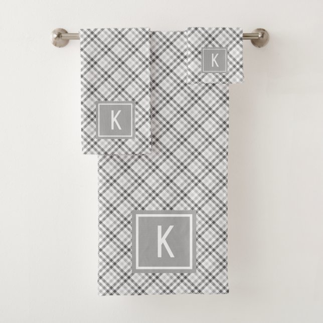 Elegant Tartan Gray White Mit Monogramm Badhandtuch Set (Insitu)