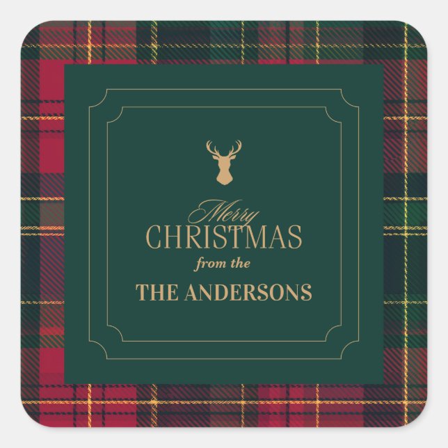 Elegant Tartan Plaid Merry Christmas Family Name Quadratischer Aufkleber (Vorderseite)