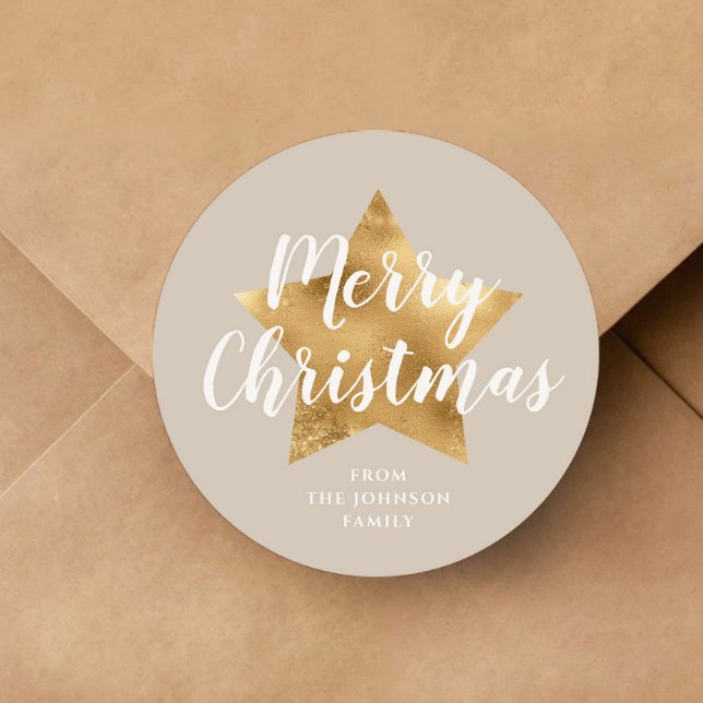 Elegant Taupe Beige Imitate Gold Star Frohe Weihna Runder Aufkleber (Elegant Taupe Beige Faux Gold Star Merry Christmas Classic Round Sticker)