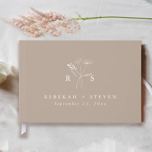 Elegant Taupe Botanische Floral Monogramm Hochze Gästebuch