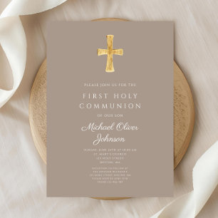 Elegant Taupe Cross Boy First Communion Einladung