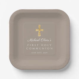 Elegant Taupe Cross Boy First Communion Pappteller
