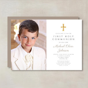 Elegant Taupe Cross Foto Boy First Communation Einladung