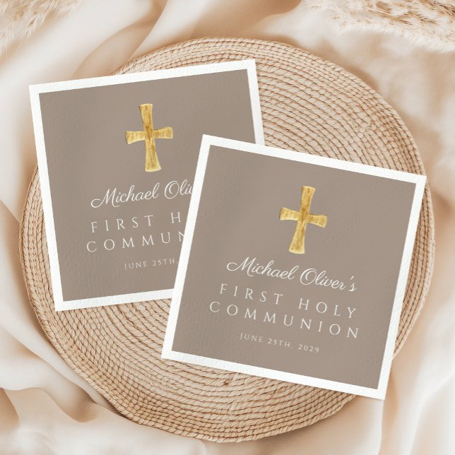 Elegant Taupe Cross Religious First Communion Serviette (Elegant Taupe Cross Religious First Communion Napkins)