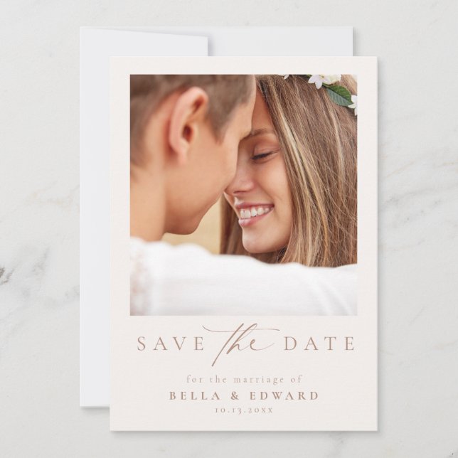Elegant Taupe Elfenbein Foto Hochzeit speichern da Save The Date (Vorderseite)