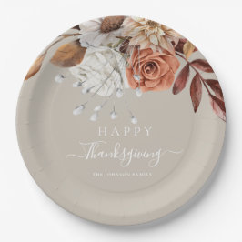 Elegant Taupe Fall Floral Happy Thanksgiving Pappteller