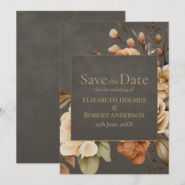 Elegant Taupe Floral Save the Date (Vorne/Hinten)