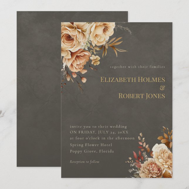 Elegant Taupe Floral Wedding Invitation Einladung (Vorne/Hinten)