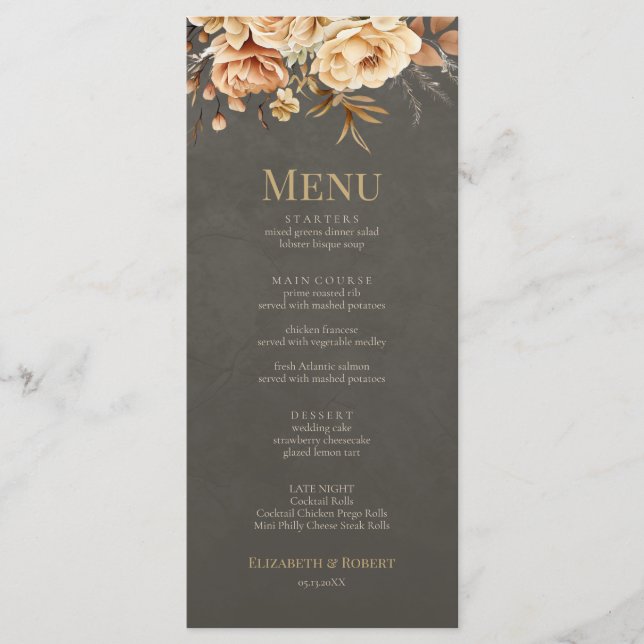 Elegant Taupe Floral Wedding Menu Menükarte (Vorderseite)