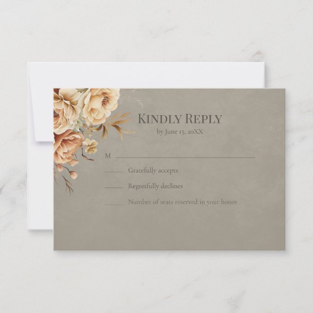 Elegant Taupe Floral Wedding RSVP Karte (Vorderseite)