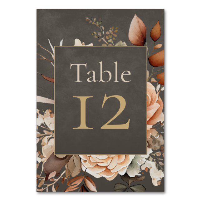 Elegant Taupe Floral Wedding Table Number Tischnummer (Vorderseite)