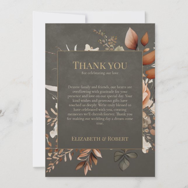 Elegant Taupe Floral Wedding Thank You Card Dankeskarte (Vorderseite)