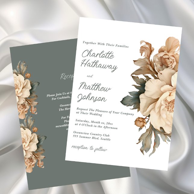 Elegant Taupe Floral Wedding With Sage Green Einladung (Elegant Taupe Floral Wedding Invitation with Sage Green)