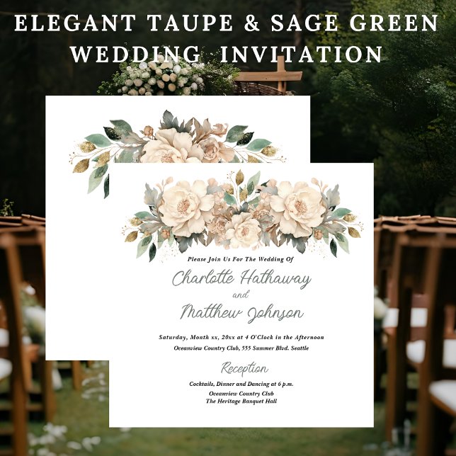 Elegant Taupe Floral Wedding with Sage Green Einladung (Elegant Taupe Floral Wedding Invitation with Sage Green)