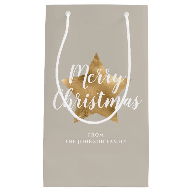 Elegant Taupe Gold Star Frohe Weihnachten Kleine Geschenktüte (Vorderseite)