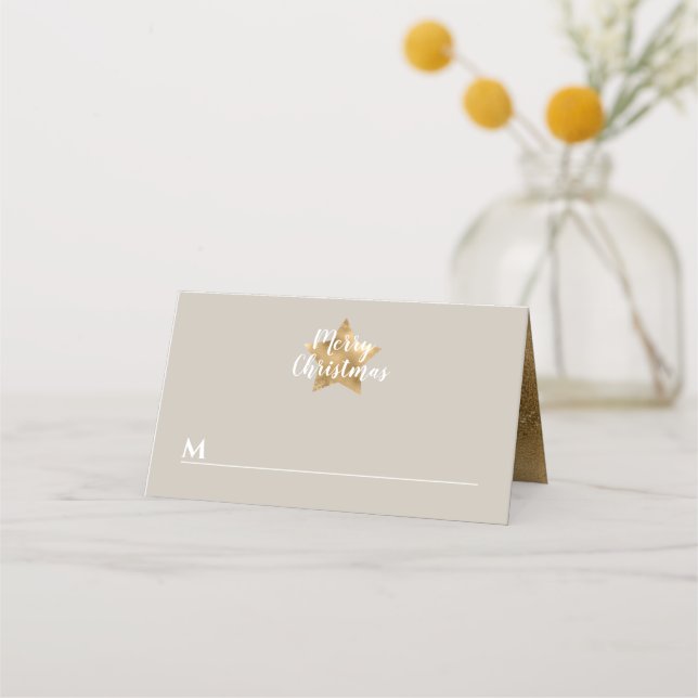 Elegant Taupe Gold Star Frohe Weihnachten Platzkarte (Vorderseite)