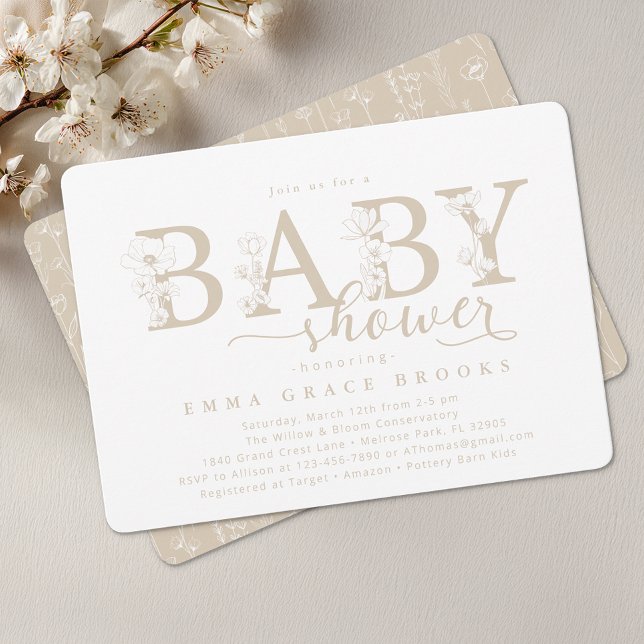 Elegant Taupe Neutral Floral Baby Shower Typograph Einladung (Baby Shower Invite)