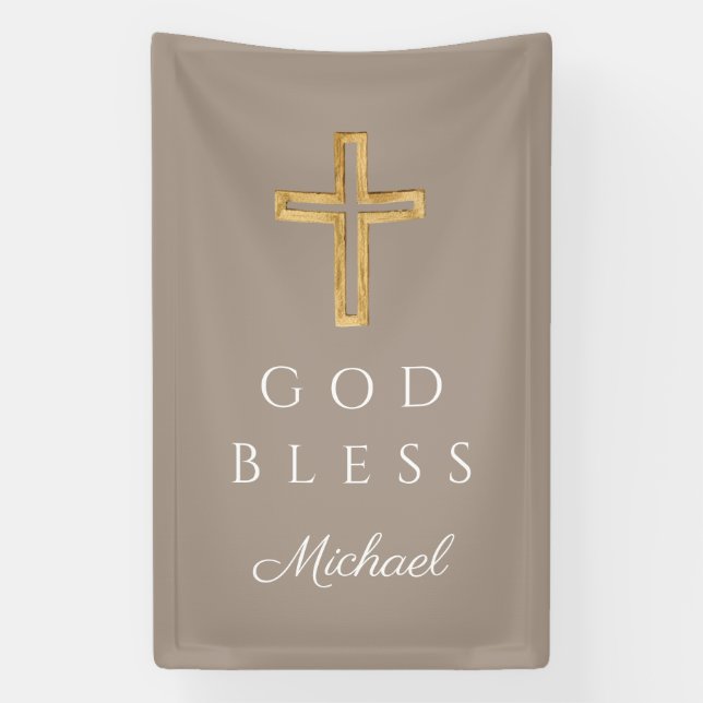 Elegant Taupe Religious Cross Boy Gott segne Banner (Vertikal)