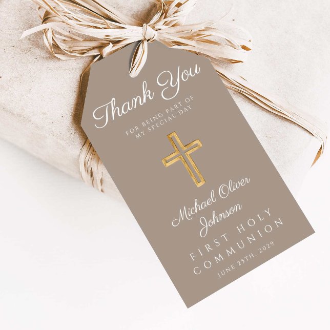 Elegant Taupe Religious Cross First Communion Geschenkanhänger (Elegant Taupe Religious Cross First Communion Gift Tags)