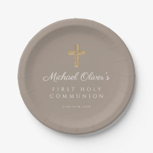 Elegant Taupe Religious Cross First Communion Pappteller