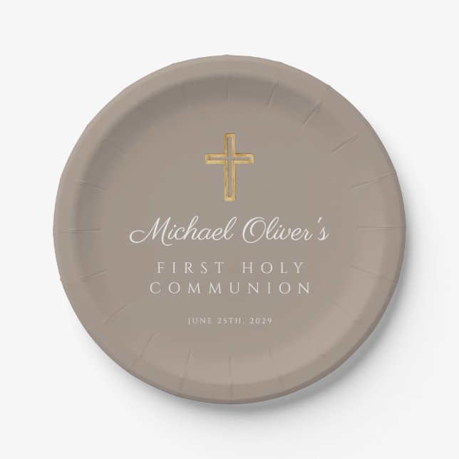 Elegant Taupe Religious Cross First Communion Pappteller (Vorderseite)