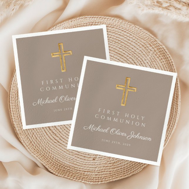 Elegant Taupe Religious Cross First Communion Serviette (Elegant Taupe Religious Cross First Communion Napkins)