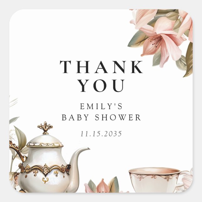 Elegant Tea Party Baby Shower Quadratischer Aufkleber (Vorderseite)