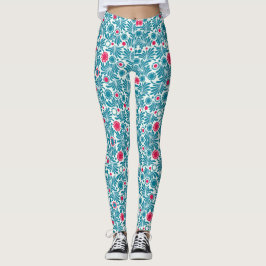 Elegant Teal and Magenta Foliage Pattern Leggings