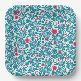 Elegant Teal and Magenta Foliage Pattern Pappteller