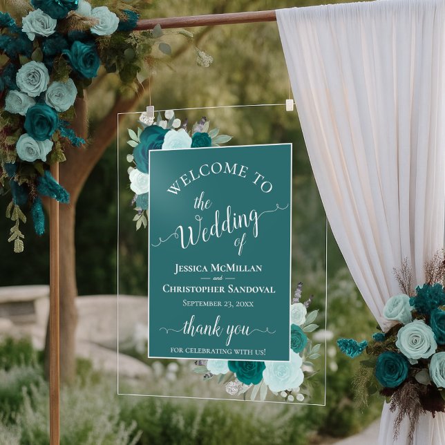 Elegant Teal & Aqua Boho Roses Wedding Welcome Acrylschild (Von Creator hochgeladen)