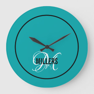 Elegant teal black monogram family name  große wanduhr