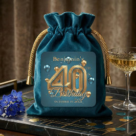 Elegant Teal Blue and Gold 40th Birthday Party Quadratischer Aufkleber