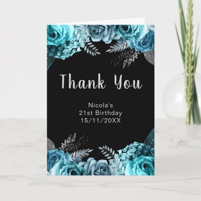 Elegant Teal Blue and Silver Flower Birthday Party Dankeskarte (Vorderseite)