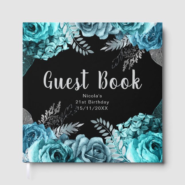 Elegant Teal Blue and Silver Flower Birthday Party Gästebuch (Vorderseite)