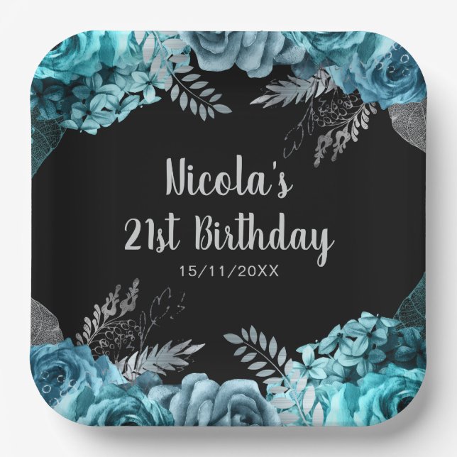 Elegant Teal Blue and Silver Flower Birthday Party Pappteller (Vorderseite)