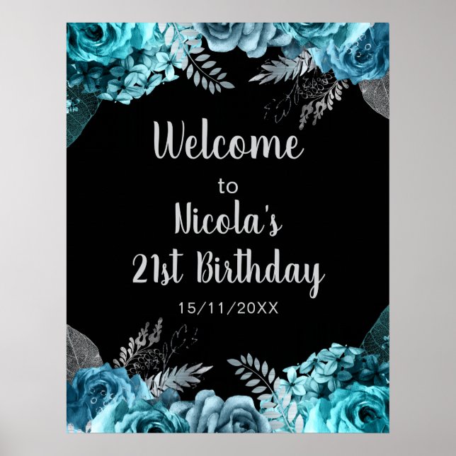 Elegant Teal Blue and Silver Flower Birthday Party Poster (Vorne)