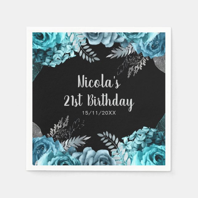 Elegant Teal Blue and Silver Flower Birthday Party Serviette (Vorderseite)