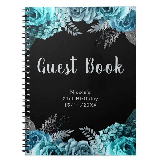 Elegant Teal Blue and Silver Flower Guest Book Notizblock (Vorderseite)
