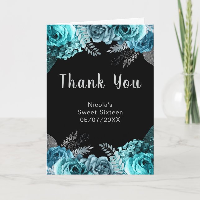 Elegant Teal Blue and Silver Flowers Sweet Sixteen Dankeskarte (Vorderseite)