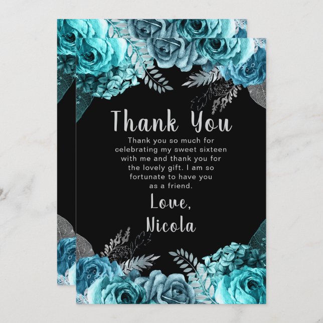 Elegant Teal Blue and Silver Flowers Sweet Sixteen Dankeskarte (Vorne/Hinten)