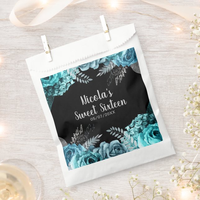 Elegant Teal Blue and Silver Flowers Sweet Sixteen Geschenktütchen (Ausgeschnitten)
